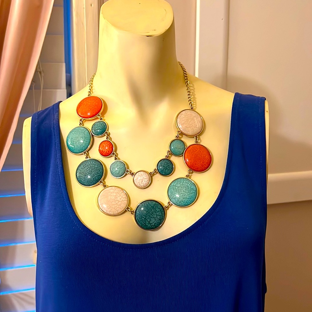 Beautiful Blue and Tangerine Gold-Tone Disk Necklace stamped C